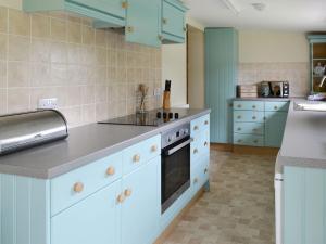 a kitchen with blue cabinets and a stove top oven at Nursery Cottage - Beaufort Estate in Kiltarlty