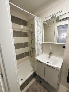 ein kleines Bad mit einem Waschbecken und einer Dusche in der Unterkunft Apartment Picasso Selce in Selce