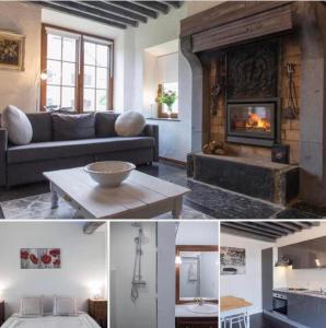 a living room with a couch and a fireplace at La Ferme De Durbuy in Durbuy