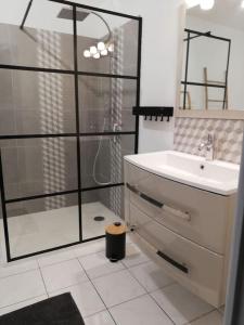 a bathroom with a shower and a sink and a mirror at La petite maison de Marie in Licques