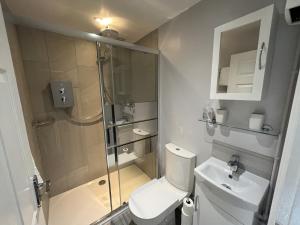 ein Badezimmer mit Dusche, Toilette und Waschbecken in der Unterkunft Cherry Tree Cottage in idyllic Cotswold village in Chipping Norton + 25 Fotos