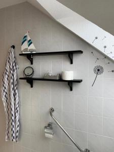 a bathroom with a shower and shelves on the wall at Ferienwohnung Am Froschteich in Markranstädt