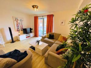a living room with two couches and a large plant at Bristol City Stays - 1 Bed - Pembroke Court in Bristol