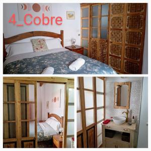 2 fotos de un dormitorio con cama y baño en CASA ESCONDIDA - Residencia de artistas, en Córdoba