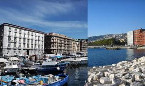 due foto di barche in un porto turistico con un edificio di Dimora Anema e Core a Napoli