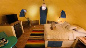 1 dormitorio con 1 cama, TV y ventanas en Hermoso Glamping Creta, en Barichara