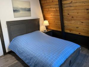 um quarto com um edredão azul numa cama em A Cozy Cabin Steps From Mountain Trails And Hiking em Mevers