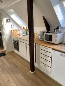 een keuken met een aanrecht met een magnetron en een wastafel bij Naturskøn landidyl på Ibækgaarden - I egen bolig in Vejle