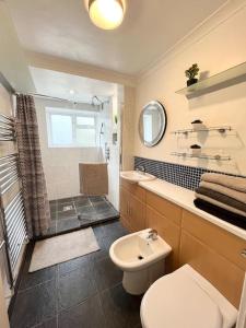 y baño con aseo, lavabo y ducha. en Beautiful 2 bedroom garden flat w/ free parking en Surbiton