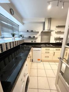 La cuisine est équipée d'un évier et d'un lave-vaisselle. dans l'établissement Beautiful 2 bedroom garden flat w/ free parking, à Surbiton