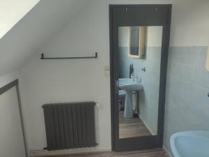 een badkamer met een spiegel naast een wastafel bij Duplex, Le Citadin in Cherbourg en Cotentin