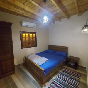 een slaapkamer met een blauw bed in een kamer bij Boondok's house in Dahab