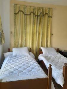 a bedroom with two beds and a curtain at Pella Countryside hotel 