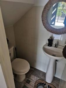 een badkamer met een toilet, een wastafel en een spiegel bij CASA ACOGEDORA ACORDE A TU ESTILO in Palmira