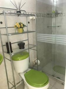 een badkamer met een groen toilet en een douche bij CASA ACOGEDORA ACORDE A TU ESTILO in Palmira