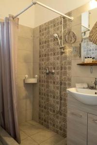 a bathroom with a shower and a sink at Odysseas Pelion House in Kalamaki