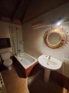 ein Badezimmer mit einem Waschbecken, einem WC und einem Spiegel in der Unterkunft Casa Rural La Pantizuela 