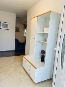 une armoire blanche avec une plante en pot dans une pièce dans l'établissement Apartments Gule, à Slatine
