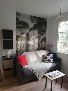 Una sala de estar con un sofá y un televisor. en Studio douillet proche plage, en Arcachon