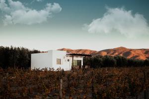 una casa bianca in un campo con montagne sullo sfondo di Casa Colibri @ Guadalupe Valley a Valle de Guadalupe