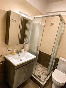 a bathroom with a shower and a sink and a toilet at Luxury Equiped Apartment - Olympic Beach in Olympiaki Akti