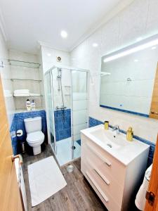 a bathroom with a toilet and a sink and a shower at Chabós Plaza España - Charming Flats in Vigo