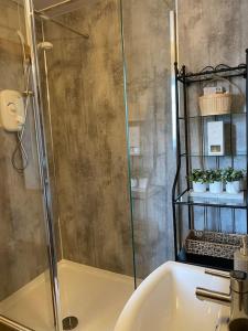 a bathroom with a shower and a sink at Boston House- Historic house situated in beautiful market town in Duns