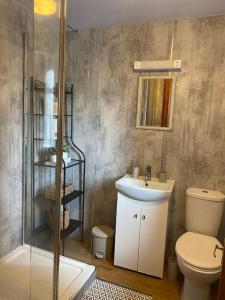 y baño con aseo, lavabo y ducha. en Boston House- Historic house situated in beautiful market town, en Duns