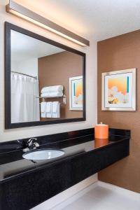 Fairfield Inn & Suites Grand Rapids في غراند رابيدز: حمام مع حوض ومرآة كبيرة