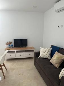 a living room with a couch and a flat screen tv at IDEAL ESTUDIO PARA PAREJAS in Conil de la Frontera