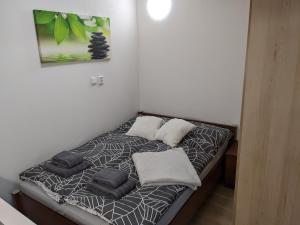 een bed met kussens in een kamer bij Útulné studio u Mariánského údolí v Brně - Líšni in Líšeň