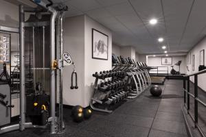 a gym with rows of tread machines and weights at The Warrior Hotel, Autograph Collection in Sioux City