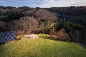 an aerial view of a field with a solar panel at Bubble Tent Gutach- Schlafen unterm Sternenhimmel in Gutach im Breisgau