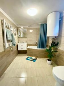 a bathroom with a tub and a toilet and a sink at Apartmán Eden in Bystrzyca