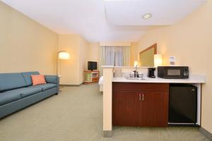 a living room with a couch and a microwave in a hotel room at SpringHill Suites Pinehurst Southern Pines in Pinehurst