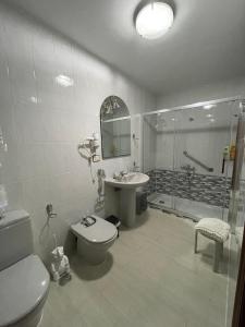 y baño con aseo, lavabo y ducha. en Habitaciones A Casa de Pepe en Tríacastela