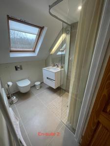 a bathroom with a toilet and a glass shower at Corner Cottage in Bewdley