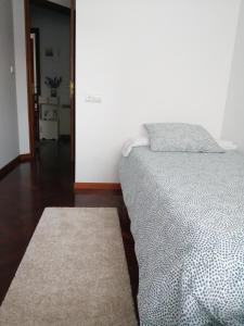 ein Schlafzimmer mit einem Bett und einem Teppich in der Unterkunft O PISIÑO in Cambados