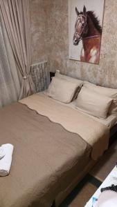 a bed with a picture of a horse on the wall at APARTAMENT-DAMO in Pamporovo