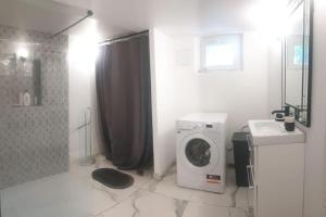 een badkamer met een wasmachine en een wastafel bij Logement à 30min de la défense avec piscine privative in Conflans-Sainte-Honorine