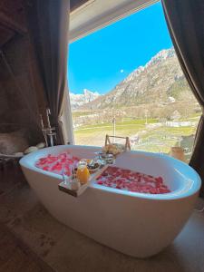a bath tub with a view of a mountain at Bujtina Miqesia in Theth