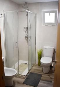 W łazience znajduje się przeszklony prysznic i toaleta. w obiekcie Departamento céntrico para disfrutar en familia w mieście Sagunto