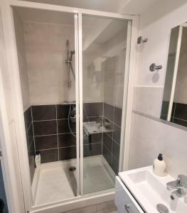 y baño con ducha y lavamanos. en Studio de 23 m² au centre de Montfort L'amaury en Méré