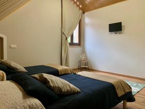 2 Betten in einem Zimmer mit einem TV an der Wand in der Unterkunft VILLA RAICES. Agradable casa con piscina in Baiona