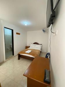 a bedroom with a bed and a desk and a television at Hotel la Victoria in San Roque
