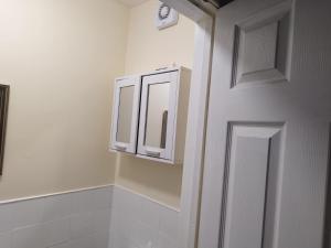 uma casa de banho com um armário de medicamentos e uma porta em Nice Studio Flat in Edmonton, North London em Edmonton