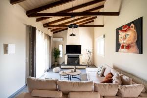 un salon avec un canapé et un tableau de chat sur le mur dans l'établissement Meltemi Beach House - a seaside Luxury maisonnette, à Dhiyeliótika