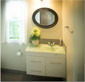 a bathroom with a sink and a mirror at Barooga: Stunning View Home in Halfmoon Bay, Canada in Halfmoon Bay