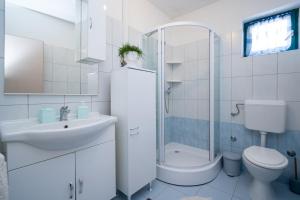 a bathroom with a sink and a toilet and a shower at Secluded fisherman's cottage Cove Soline, Pasman - 8222 in Kraj +16 photos
