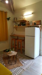 a kitchen with a white refrigerator and a table at Le Cacaoyer in La Trinité